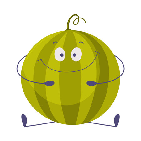 Funny Round Green Watermelon Character Sitting on the Ground Vector Illustrationのイラスト素材
