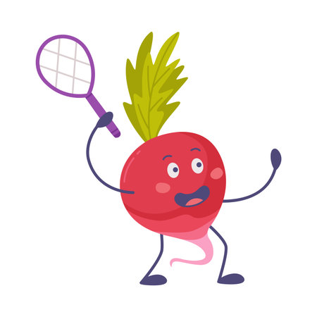 Funny Red Radish Character Playing Badminton with Racquet Vector Illustrationのイラスト素材