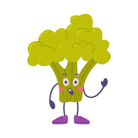 Funny Green Broccoli Character Standing and Waving Hand Vector Illustrationのイラスト素材