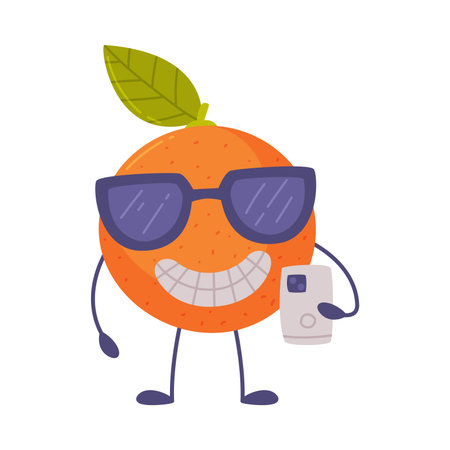 Funny Orange Character in Sunglasses Holding Smartphone Vector Illustrationのイラスト素材