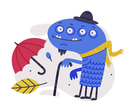 Funny Blue Monster with Many Eyes Wearing Hat and Scarf Walking with Cane Vector Illustrationのイラスト素材