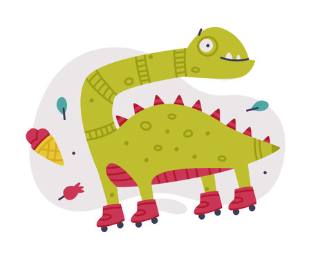 Funny Green Dinosaur Monster with Long Neck on Roller Skates Vector Illustrationのイラスト素材