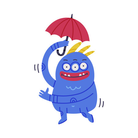 Funny Blue Monster with Horns Holding Umbrella Vector Illustrationのイラスト素材