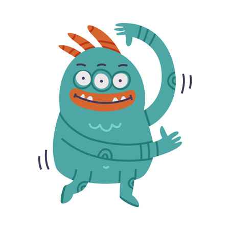 Funny Monster with Horns and Toothy Mouth Standing Vector Illustrationのイラスト素材