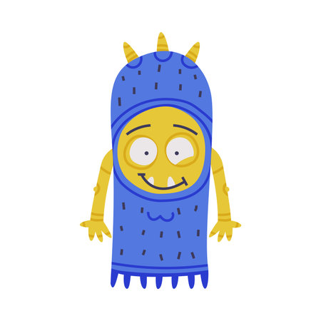 Funny Blue Monster with Horns and Toothy Mouth Standing Vector Illustrationのイラスト素材
