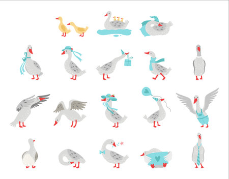 Goose Domestic Bird Wearing Blue Hat, Sleeping in Night Cap and Carrying Gift Box Vector Big Setのイラスト素材