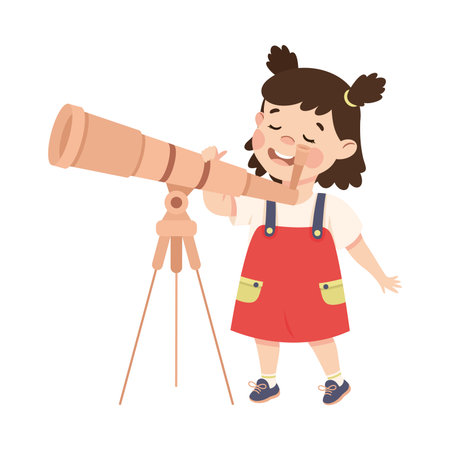 Cute happy brunette little girl looking through telescope at stars cartoon vector illustrationのイラスト素材