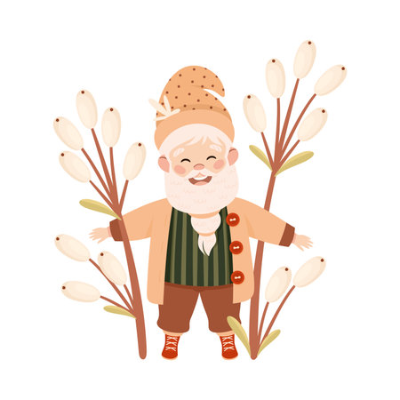 Cute happy garden bearded gnome. Joyful fairy tale dwarf elf character in pointed hat cartoon vector illustrationのイラスト素材