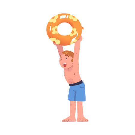 Happy little boy with lifebuoy playing on beach cartoon vector illustrationのイラスト素材