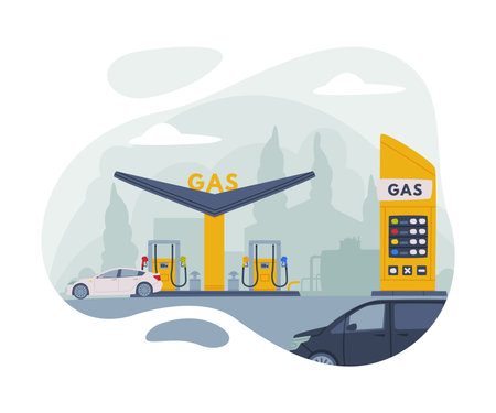 Gas Filling Station View as Facility Selling Fuel for Motor Vehicle Vector Illustrationのイラスト素材