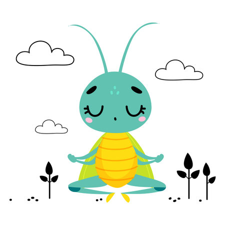 Cute grasshopper meditating in lotus position. Funny insect cartoon character doing yoga vector illustrationのイラスト素材