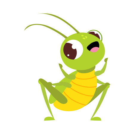 Cute funny big eyed green grasshopper cartoon vector illustration on white backgroundのイラスト素材
