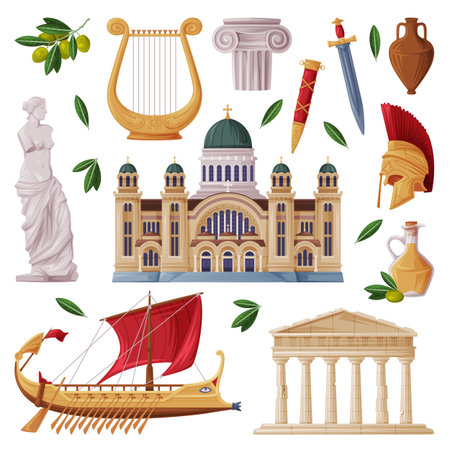 Greece Object and Traditional Cultural Symbol with Trireme and Cathedral Vector Setのイラスト素材