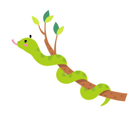 Happy Green Snake or Serpent Curling Around Tree Branch Vector Illustrationのイラスト素材