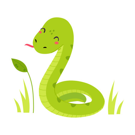 Happy Green Snake or Serpent Curling in Grass Vector Illustrationのイラスト素材