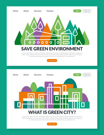 Green City Landing Page with Line Environmental Friendly Building Vector Templateのイラスト素材
