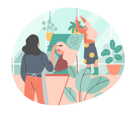 Woman Character at Greenhouse Drawing Portrait of Girl Planting and Cultivating Crop Vector Illustrationのイラスト素材