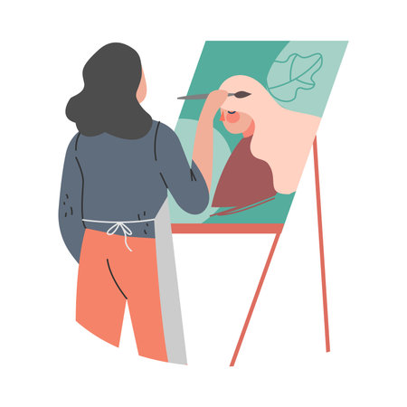 Female Artist Drawing Portrait of Girl on Canvas with Brush on Easel Vector Illustrationのイラスト素材