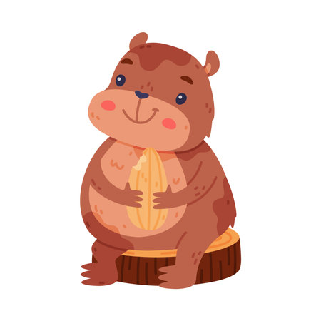 Cute Hamster Character with Stout Body Sitting on Tree Stump Eating Seed Vector Illustrationのイラスト素材