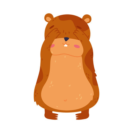 Front view of cute funny little pet hamster closed eyes with its paw cartoon vector illustrationのイラスト素材