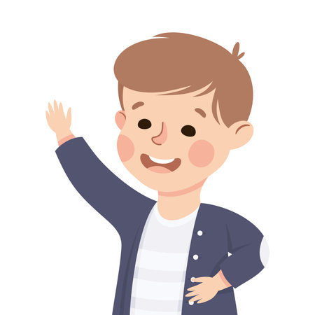 Happy Boy with Raised Up Hand Smiling Vector Illustrationのイラスト素材