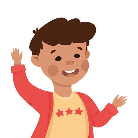 Happy Boy with Raised Up Hand Smiling Vector Illustrationのイラスト素材