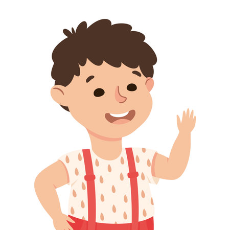Happy Boy with Raised Up Hand Smiling Vector Illustrationのイラスト素材
