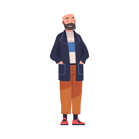 Happy Smiling Bearded Man Character Standing with Hands in Pocket Vector Illustrationのイラスト素材
