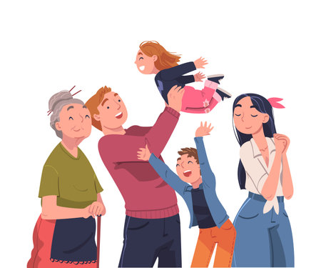 Happy Family Together with Young Parents, Kids and Grandmother Vector Illustrationのイラスト素材