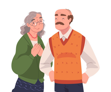 Happy Senior Man and Woman in Glasses Standing and Smiling Vector Illustrationのイラスト素材