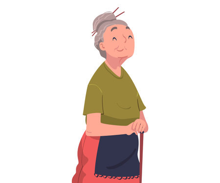 Happy Senior Woman with Cane Standing and Smiling Vector Illustrationのイラスト素材