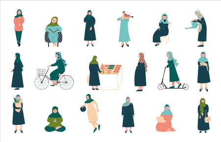 Arabic Muslim Woman Characters in Hijab Engaged in Different Activities Vector Setのイラスト素材