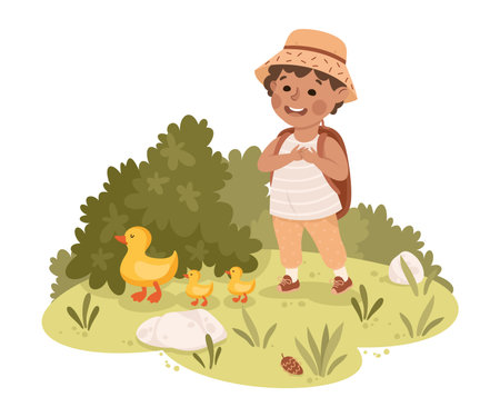 Cute Boy with Backpack Hiking Watching Ducks Vector Illustrationのイラスト素材