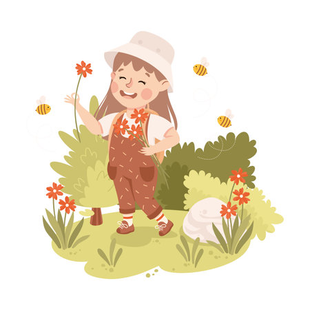 Cute Girl with Backpack Hiking Picking Flowers Vector Illustrationのイラスト素材