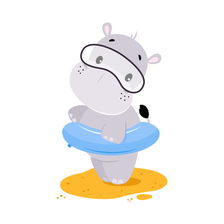 Cute Hippo Character in Goggles and Rubber Ring Standing on Sandy Beach Vector Illustrationのイラスト素材