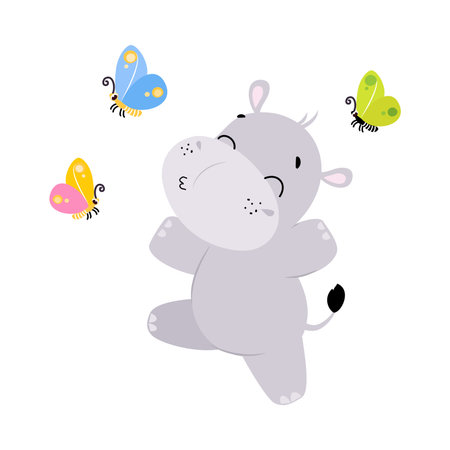 Cute Hippo Character Having Fun Catching Flying Butterfly Vector Illustrationのイラスト素材