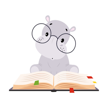 Cute Hippo Character in Glasses Sitting and Reading Book Vector Illustrationのイラスト素材