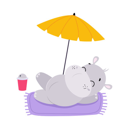 Cute Hippo Character Sunbathing on Beach Under Umbrella Vector Illustrationのイラスト素材