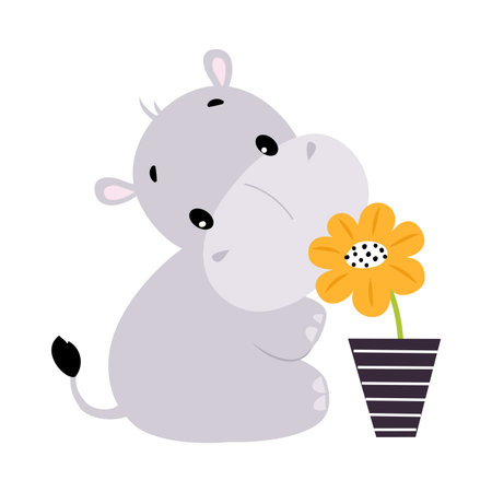 Cute Hippo Character Sitting and Smelling Flower in Flowerpot Vector Illustrationのイラスト素材