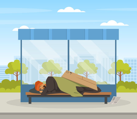 Homeless Man in Rags Sleeping on Bus Stop in the Street Vector Illustrationのイラスト素材