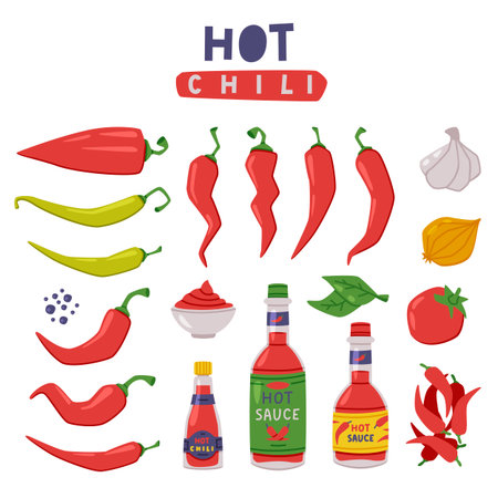 Spicy Hot Red Chili Pepper Vegetable Ingredient for Culinary and Spicy Sauce Bottle Vector Setのイラスト素材