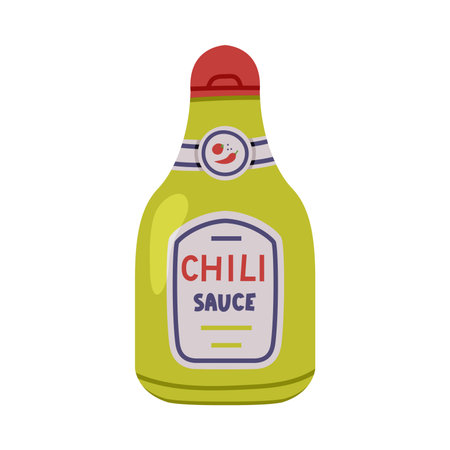 Hot and Spicy Chili Sauce in Plastic Bottle with Label Vector Illustrationのイラスト素材