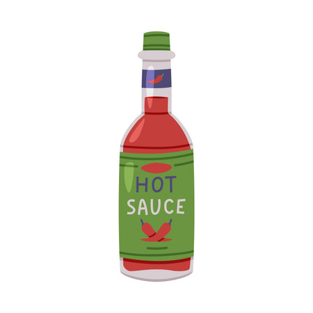 Hot and Spicy Chili Sauce in Glass Bottle with Label and Cap Vector Illustrationのイラスト素材