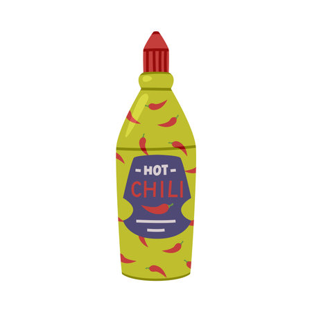 Labeled Plastic Bottle with Hot and Spicy Chili Sauce Vector Illustrationのイラスト素材