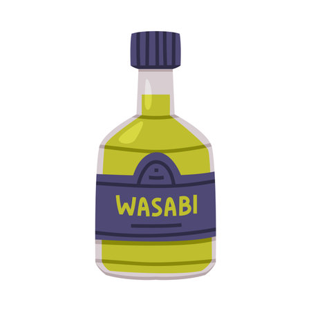 Hot and Spicy Green Wasabi Sauce in Glass Labeled Bottle with Cap Vector Illustrationのイラスト素材