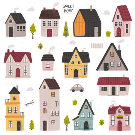 Tiny Houses with Roof and Steaming Chimney as Cozy and Sweet Home Vector Setのイラスト素材