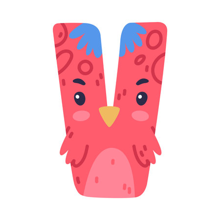 Bird alphabet V capital letter. Red consonant letter with eyes, beak and wings cute cartoon vector illustrationのイラスト素材