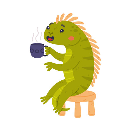 Funny Green Iguana Character with Scales Sitting on Stool Drinking Hot Tea with Mug Vector Illustrationのイラスト素材
