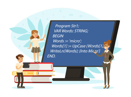 School Children at Informatics or Programming Lesson with Teacher Vector Illustrationのイラスト素材