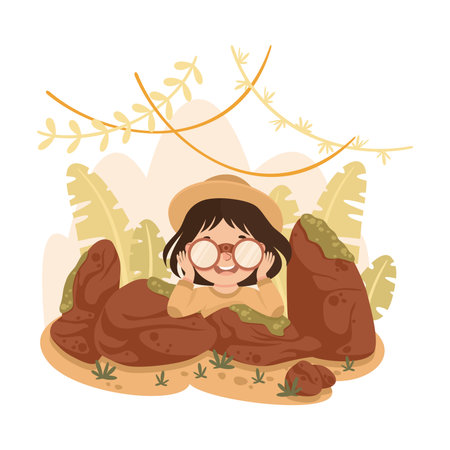 Little Girl in the Jungle Looking in Binoculars Exploring Tropical Environment Vector Illustrationのイラスト素材